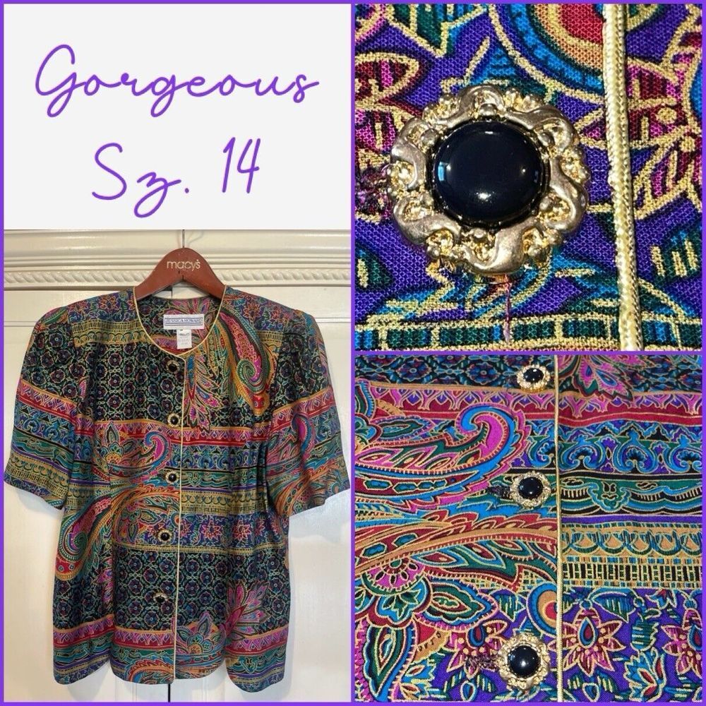 Jessica Howard Blazer‎ Women 14 Colorful Vintage USA Retro Short Sleeve